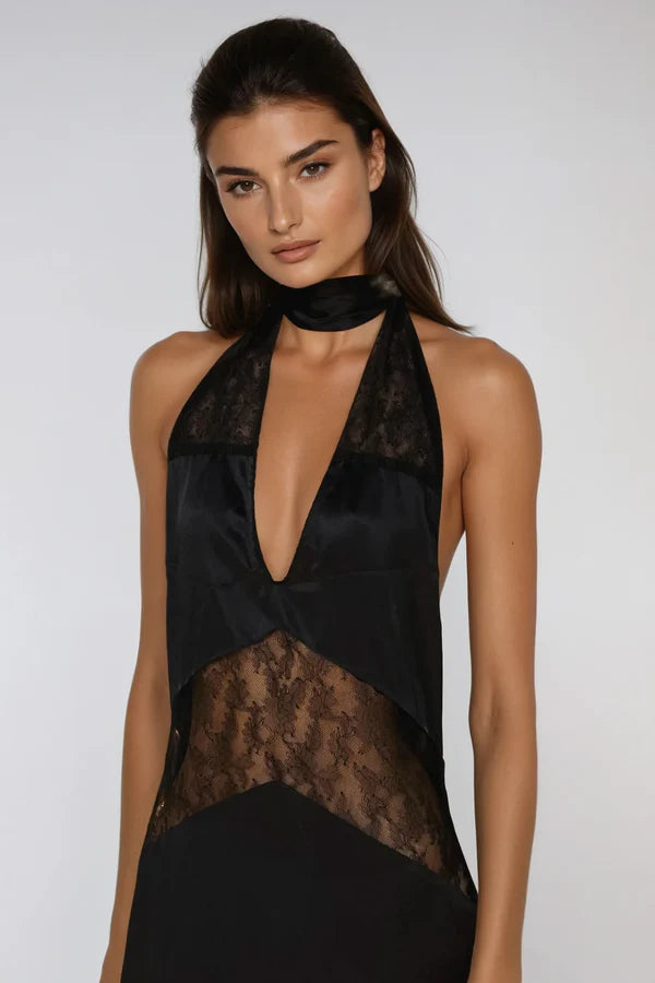 Amber Satin Lace Cutout Floral Maxi Dress