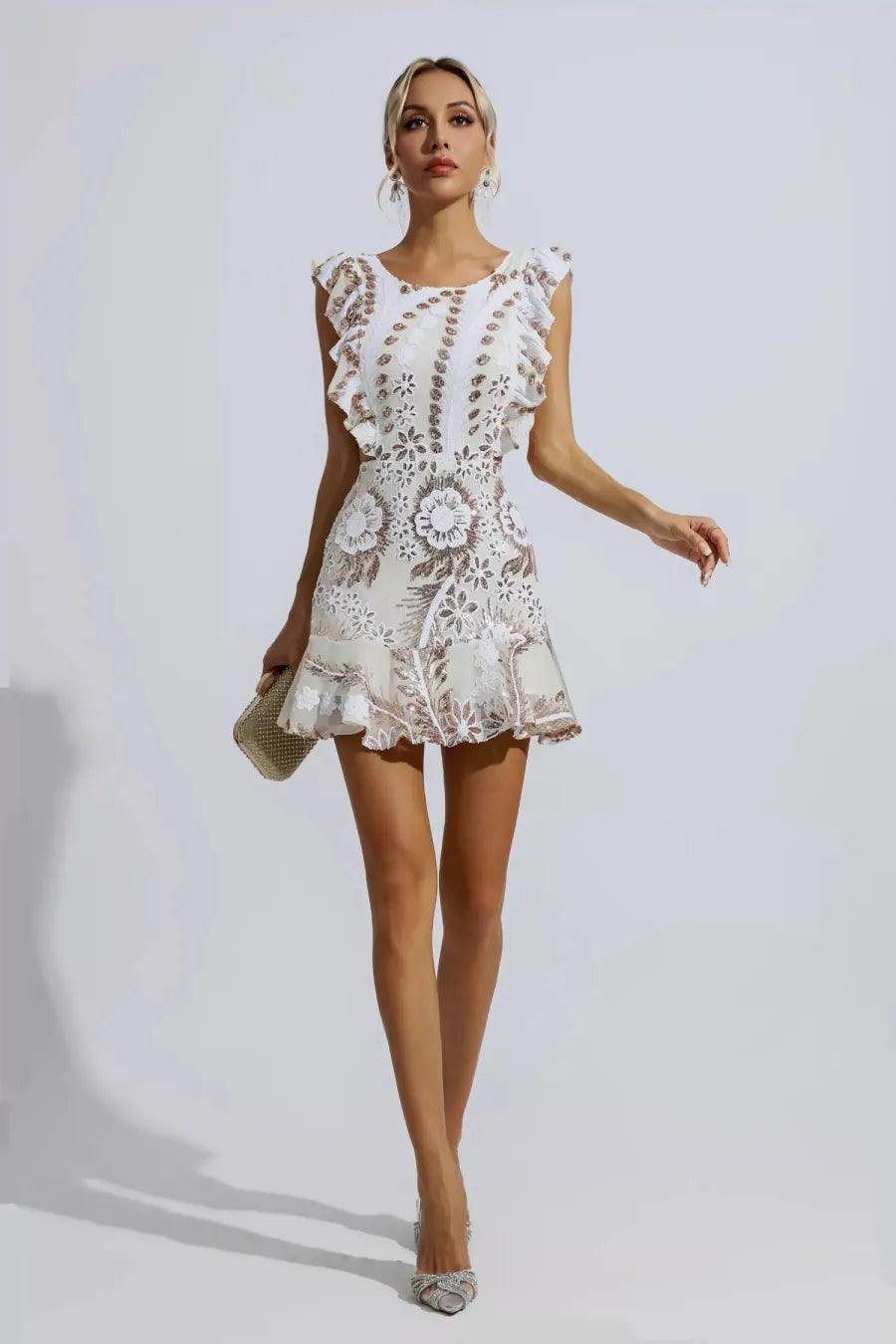 Monica Ruffle Floral Cutout Mini Dress