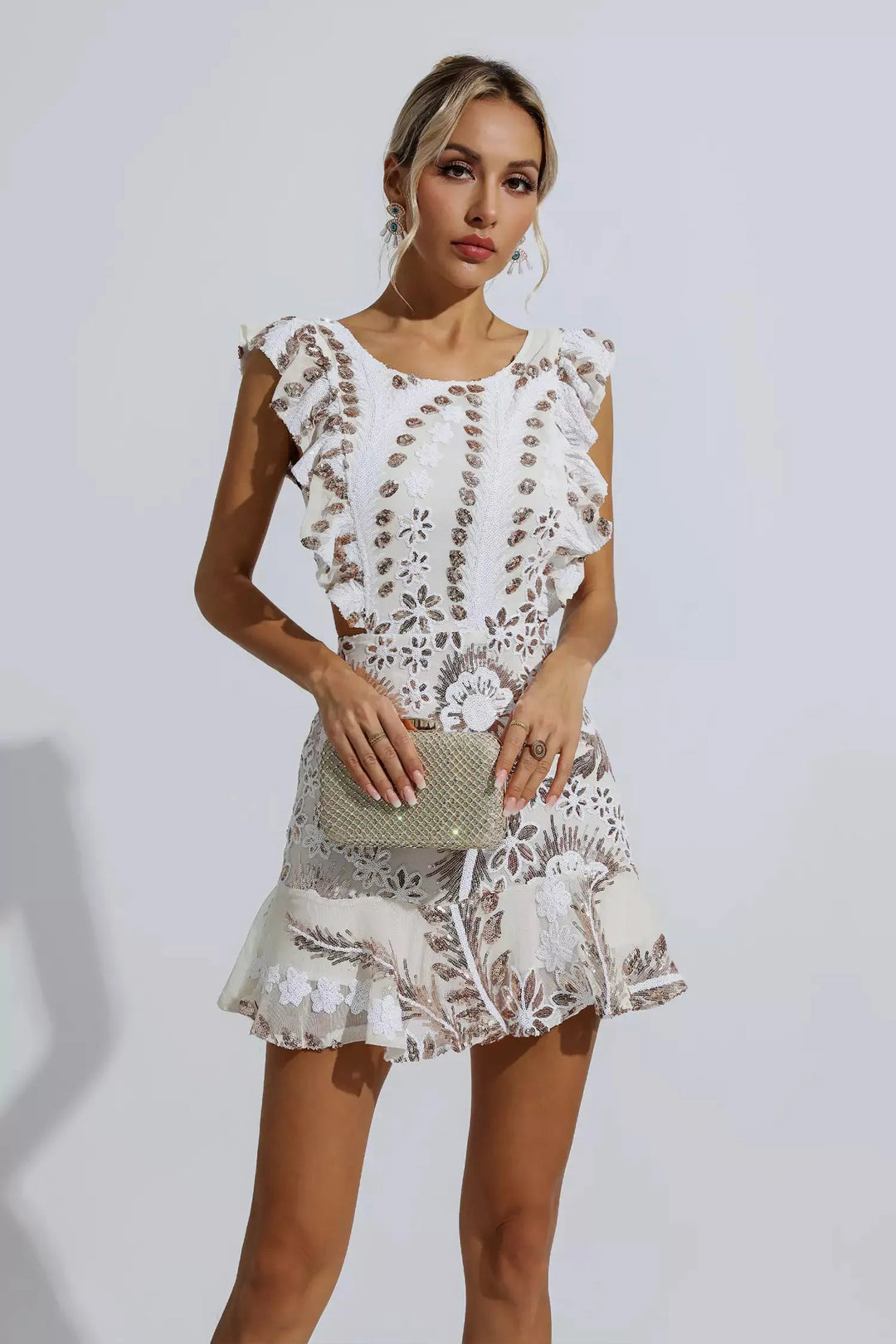 Monica Ruffle Floral Cutout Mini Dress