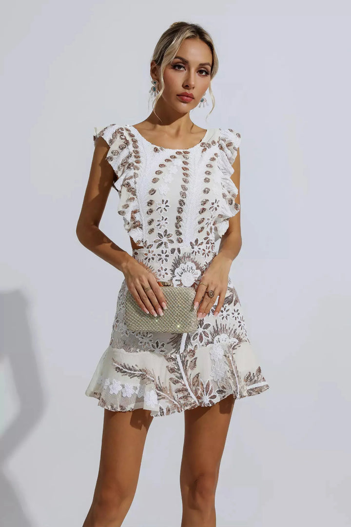 Monica Ruffle Floral Cutout Mini Dress