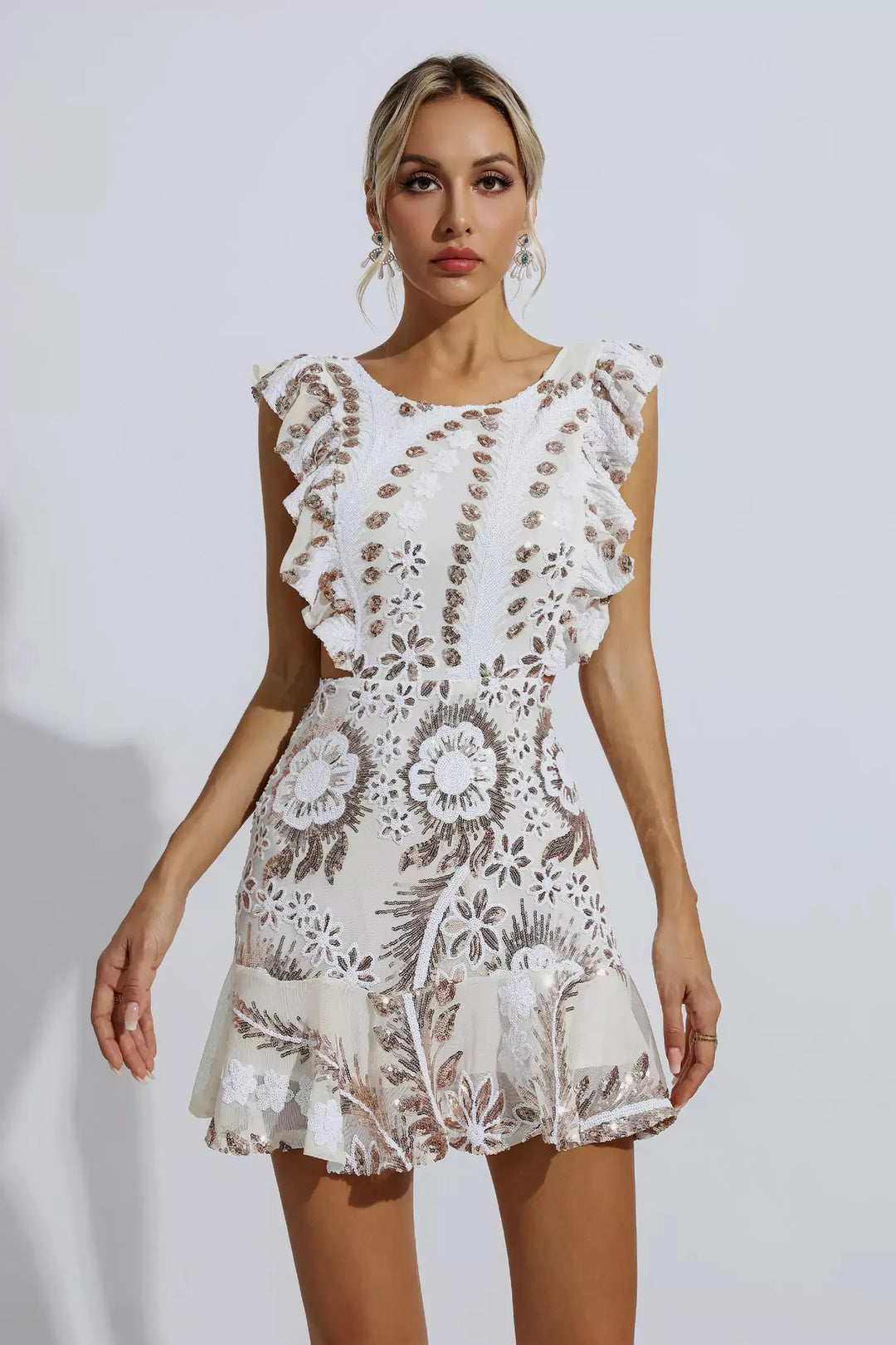 Monica Ruffle Floral Cutout Mini Dress
