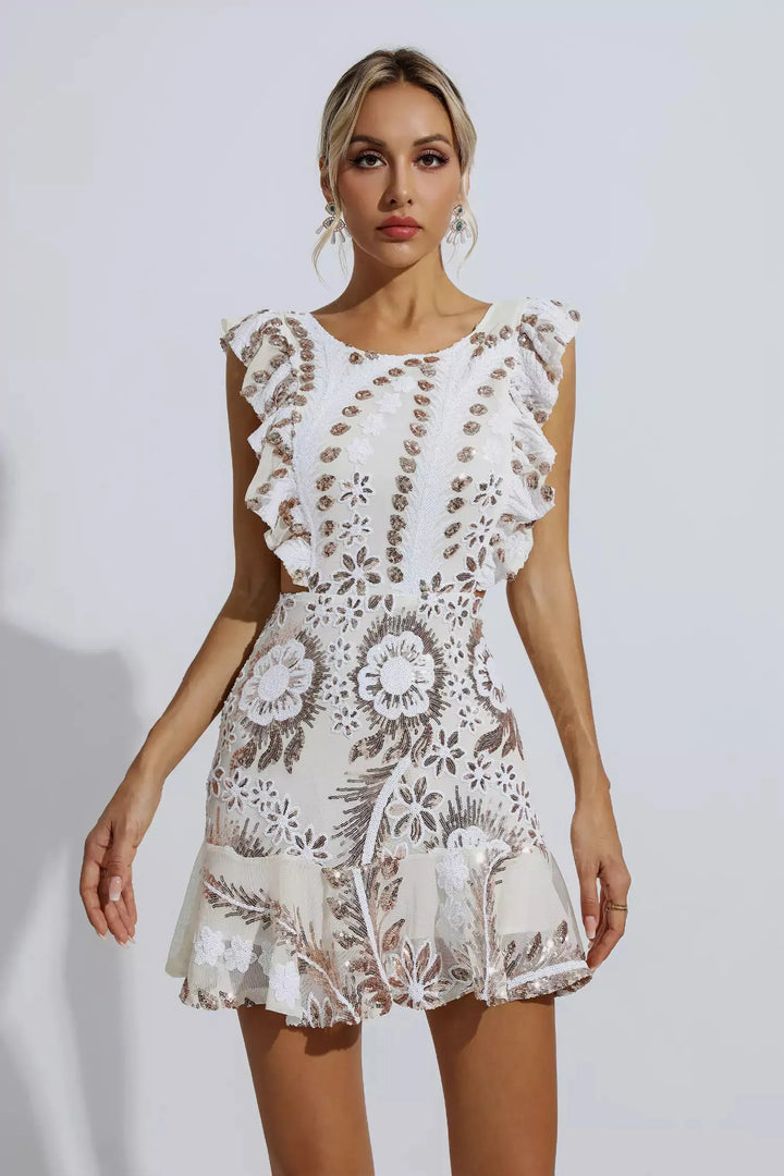 Monica Ruffle Floral Cutout Mini Dress