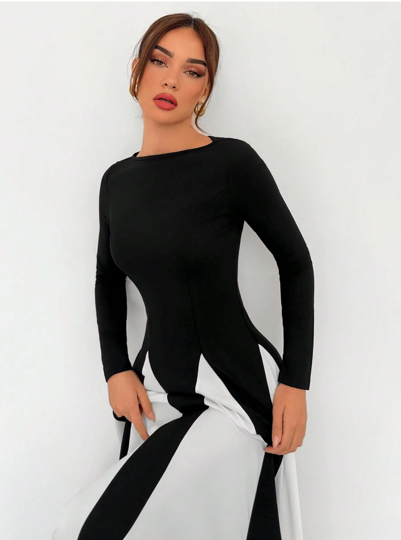 Xylina - Sleek Spliced Crewneck Slim-Fit Dress