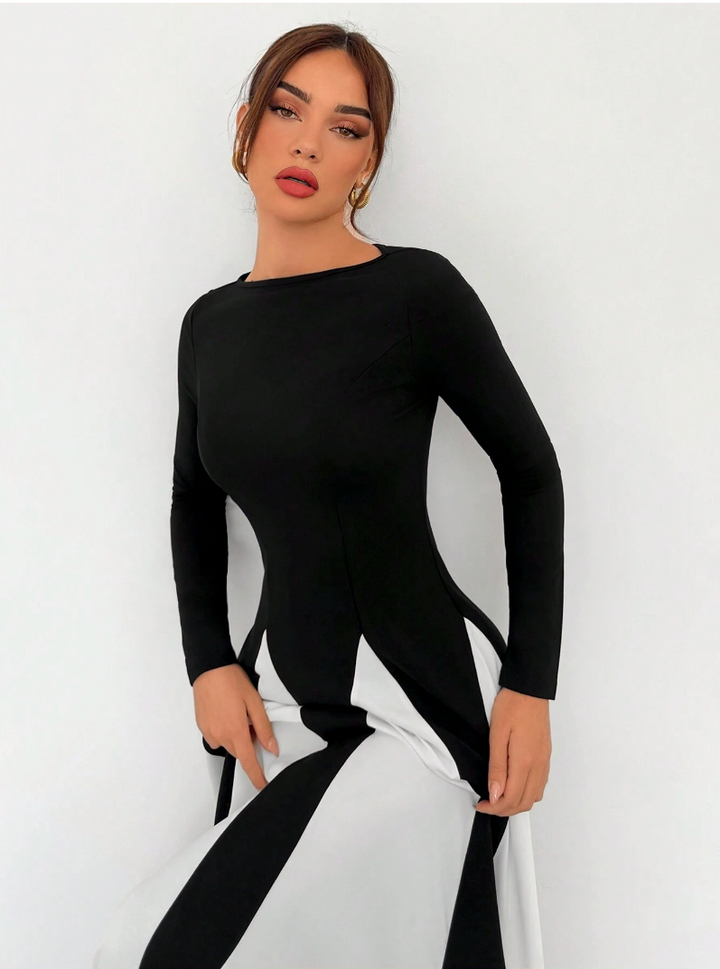 Xylina - Sleek Spliced Crewneck Slim-Fit Dress